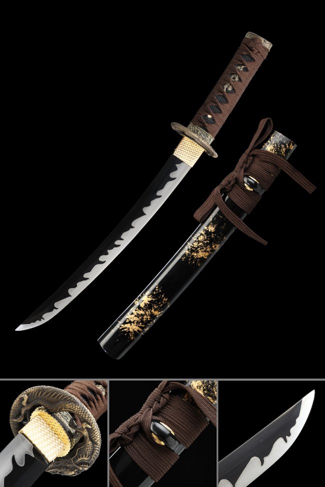 Manganese Steel Tanto with Black Blade, Dragon Tsuba in Koshirae Style - Brown Cord Handle