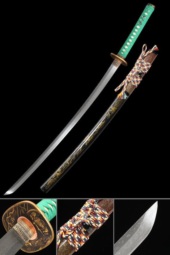 Damascus Steel Katana with Teal Tsuka, Tiger Tsuba & Dragon-Engraved Black Lacquer Saya