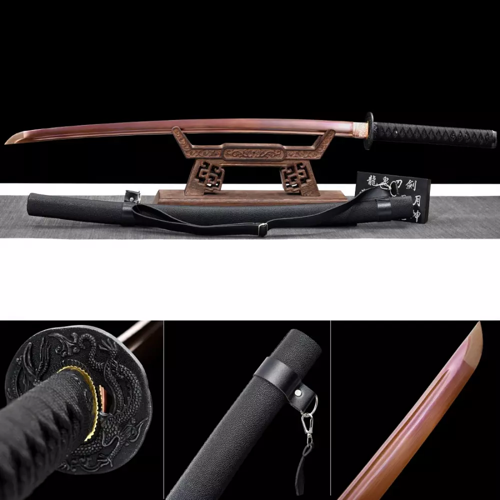 Handmade 1095 Spring Steel Real Katana Samurai Swords With Purple Blade And Black Leather Saya Truekatana