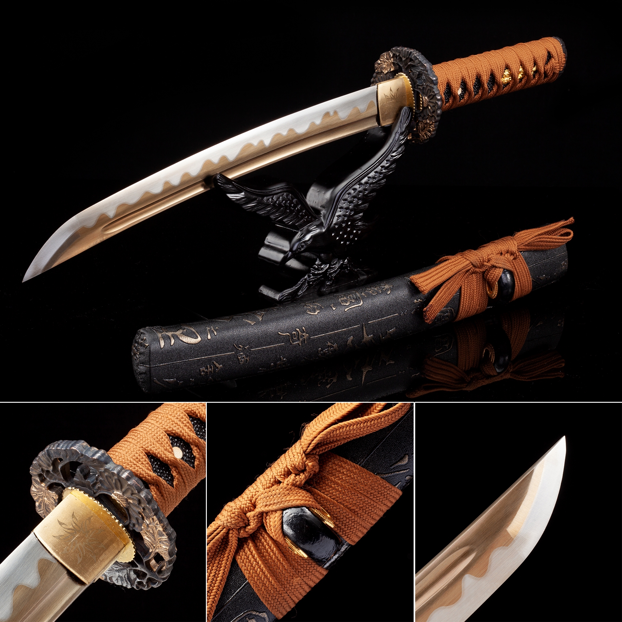 Handmade High Manganese Steel Gold Blade Real Japanese Tanto Sword With Black Scabbard Truekatana 5689