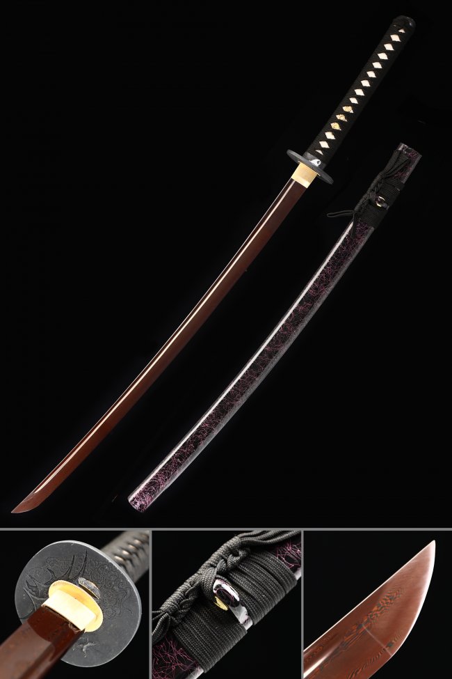 Damascus Steel Red Blade Katana with Purple Lacquered Saya in Full Tang Construction