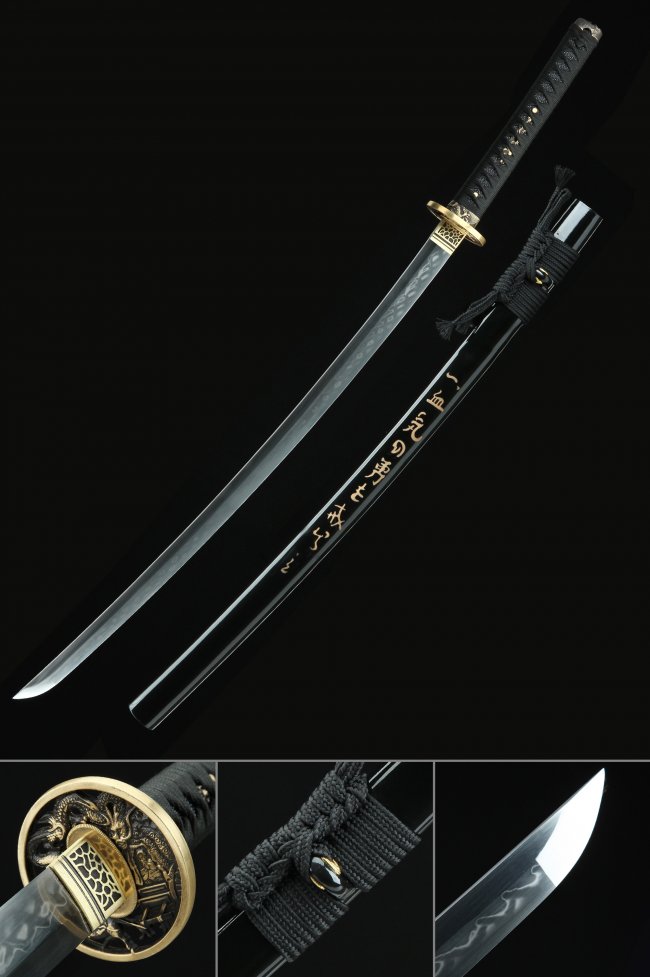 Black Katana T10 Folded Clay Tempered Steel with Real Hamon and Copper Dragon Tsuba - Kanji Saya