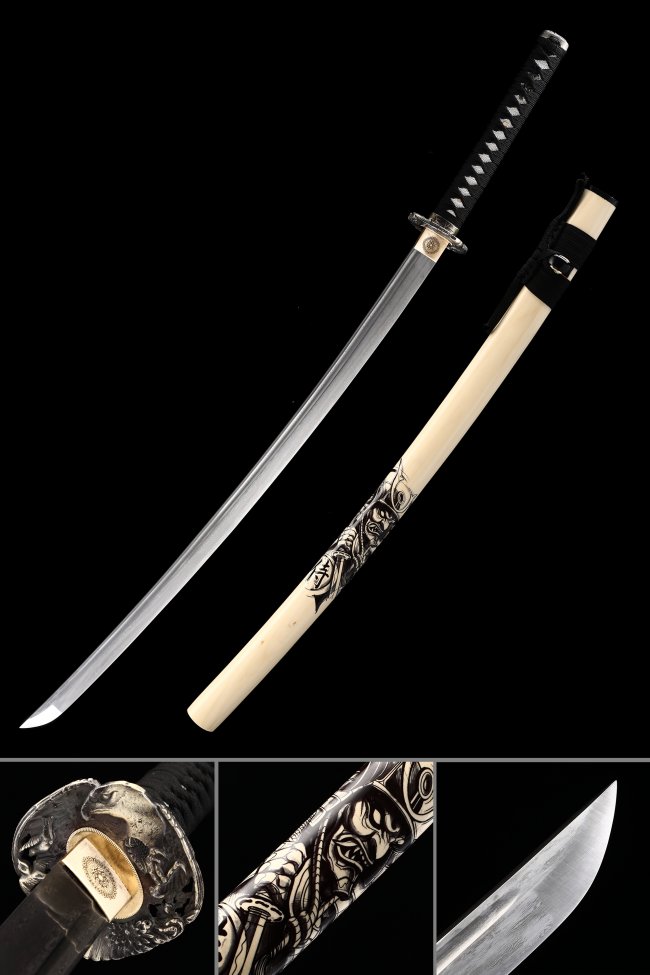 T10 Folded Steel Katana with Real Hamon - White Samurai Saya, Dragon Tsuba, Black Wrap
