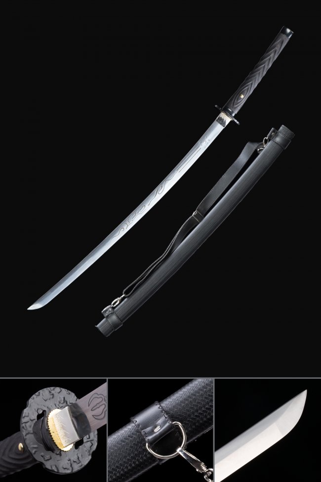 Nihonto-Style Katana in Manganese Steel with Dragon Engraving - Black Koshirae