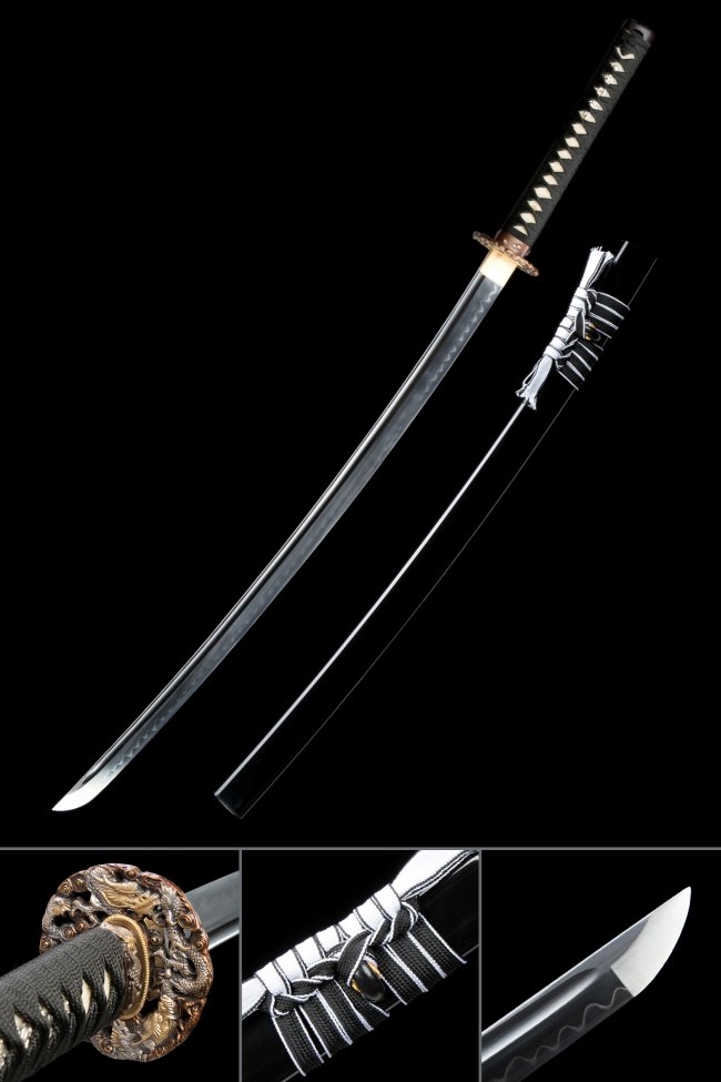 T10 Carbon Steel Katana with Real Hamon - Dragon Tsuba, Black-White Ito & Black Lacquer Saya