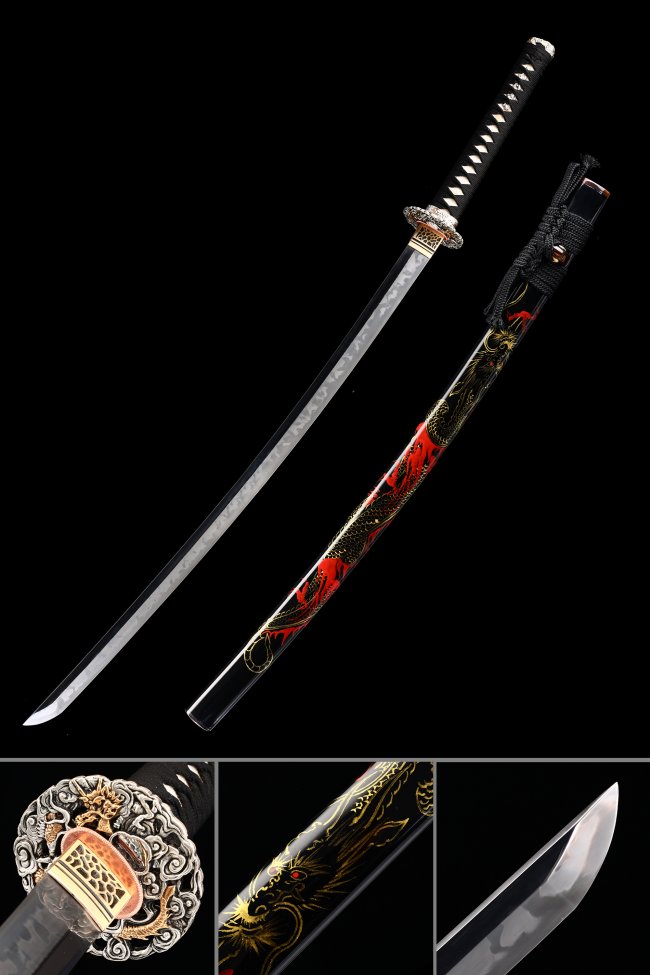 Dragon Tsuba T10 Carbon Steel Katana, Clay Tempered, Real Hamon & Full Tang