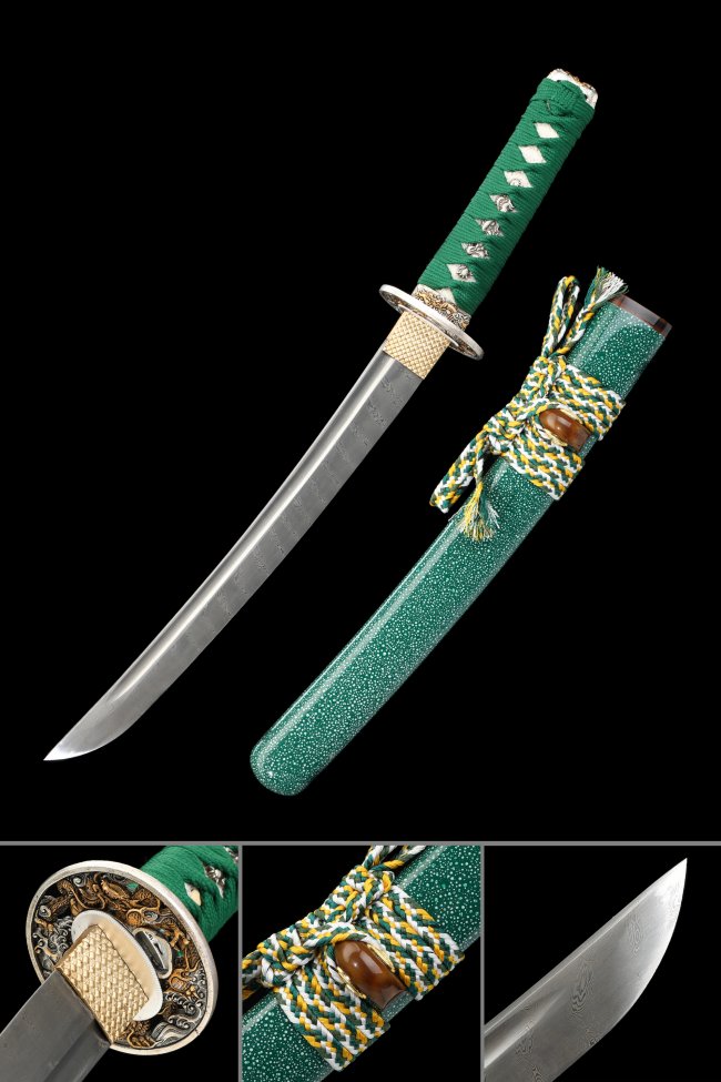 Damascus Steel Tanto in Green Rayskin Saya with Dragon Tsuba - Manganese Steel, 28.74" Blade