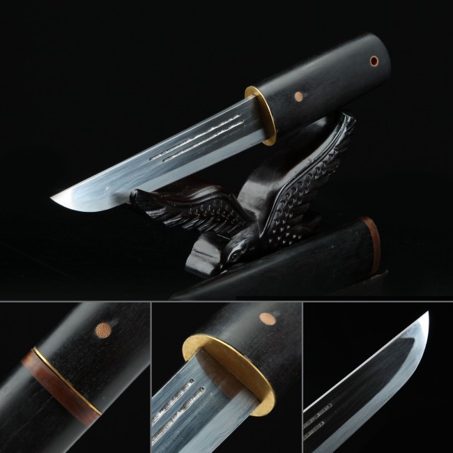 Aikuchi Tanto in Damascus Steel with Black Hardwood Lacquer Saya and Gold Habaki