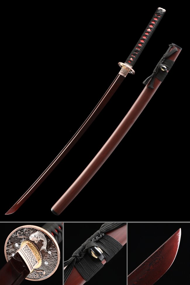 Damascus Steel Katana with Crimson Red Folded Blade and Koi Fish Alloy Tsuba in Dark Red Hardwood Saya
