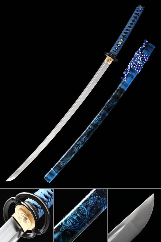 Manganese Steel Katana with Blue Lacquered Saya - Full Tang Collectible Japanese Sword with Alloy Tsuba
