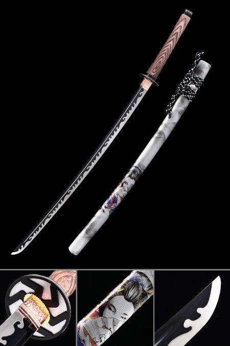 Handmade Japanese Samurai Sword High Manganese Steel With Black Blade And White Scabbard