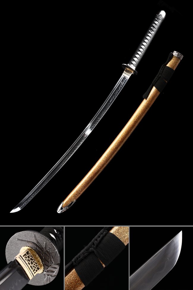 T10 Carbon Steel Katana with Real Hamon in Orange Lacquer Saya - Black Cord Handle, Gold-Black Tsuba