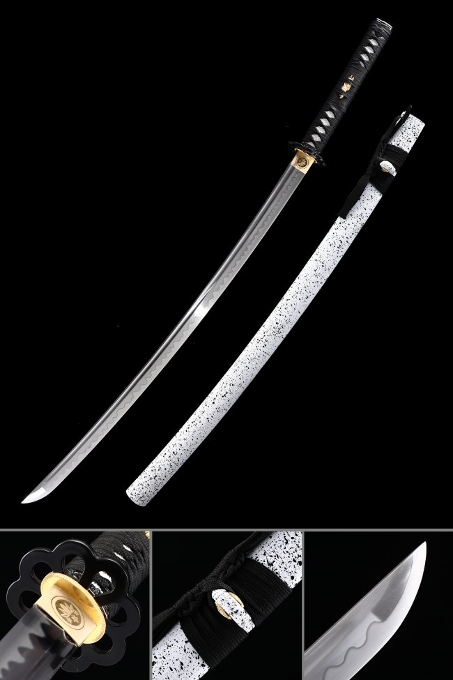 Manganese Steel Katana with Wave Engraving, Hamon Blade - White Splatter Saya, Black Tsuka
