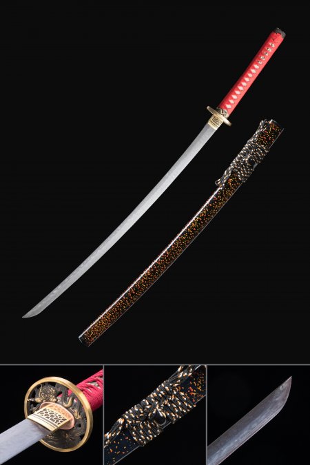 Damascus Katana, Handmade Japanese Katana Sword Damascus Steel With Multi-colored Scabbard