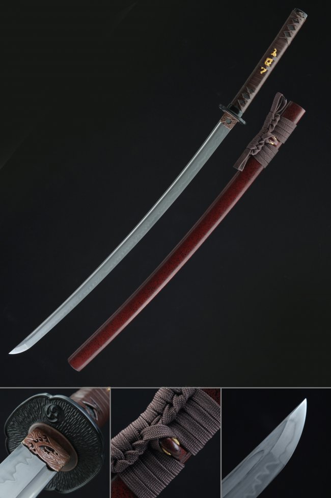 T10 Carbon Steel Katana with Real Hamon in Dark Red Lacquered Saya - Full Tang, Chrysanthemum Tsuba