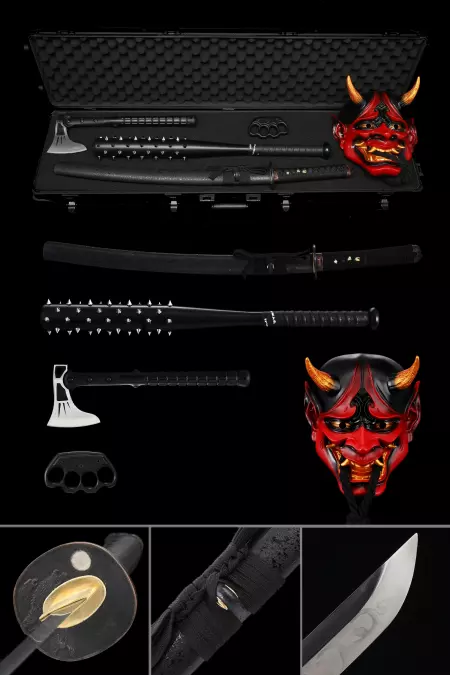 Japanese Wakizashi Set, Including Spiked Mace, Axe, Demon Mask And Boxer Beast Defense