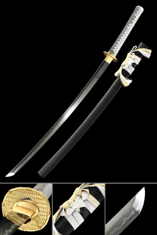Folded Melaleuca Steel Katana with Gold Bamboo Tsuba - Black Saya, White Ito Wrap