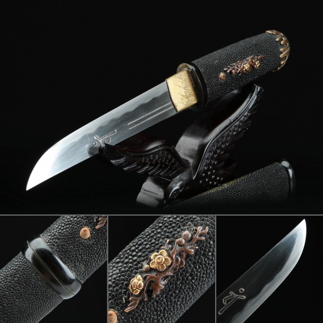 Damascus Steel Tanto in Black Rayskin Saya with Crane Carving and Gold Tsuba