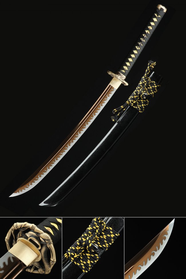 High Manganese Steel Gold Blade Wakizashi with Snake Tsuba in Black-Gold Koshirae