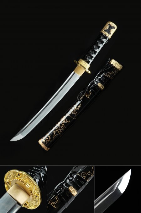 Handgefertigtes Drachen-tsuba Aus Hohem Manganstahl, Echtes Japanisches Samurai-tanto-schwert Mit Schwarzer Scheide