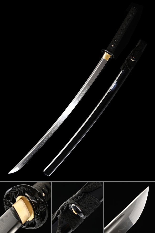 T10 Folded Clay Tempered Steel Katana with Real Hamon in Black Piano Lacquer Saya and Bamboo Tsuba