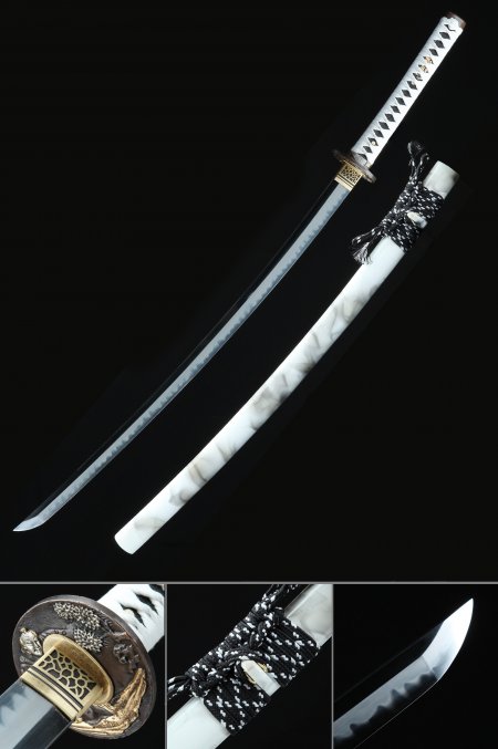White Katana, Handmade Japanese Samurai Sword T10 Carbon Steel With White Scabbard