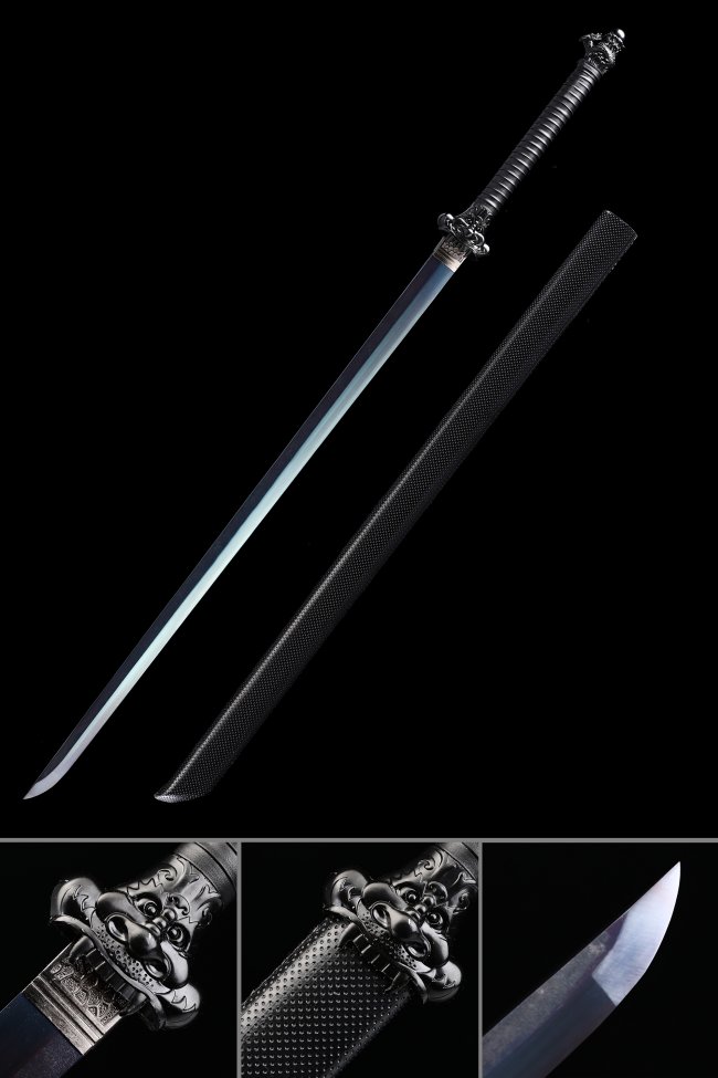 Chokuto Ninjato in 1095 Carbon Steel with Blue Blade & Black Textured Saya - Full Tang