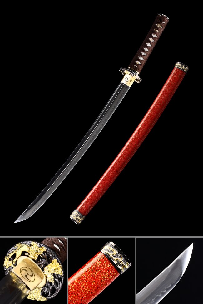 T10 Carbon Steel Wakizashi with Real Hamon - Red Lacquer Saya, Dragon Tsuba, Brown Tsuka