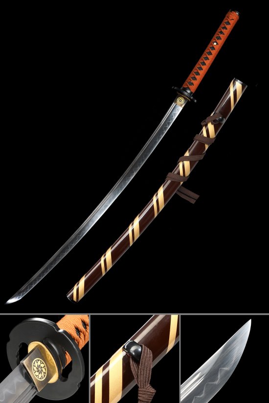 Chrysanthemum Tsuba T10 Carbon Steel Katana, Real Hamon, Handmade & Brown Gold Saya