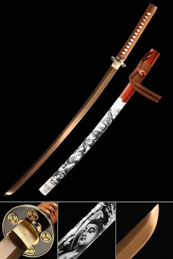 Ornate Scroll Tsuba 1095 Carbon Steel Katana, Full Tang, Handmade & Red White Saya