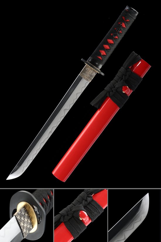 T10 Carbon Steel Tanto with Red Lacquered Saya - Black-Red Handle, Geometric Alloy Tsuba