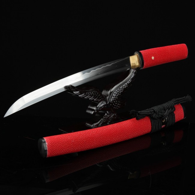 Damascus Steel Tanto with Red Rayskin Saya - Hand-Forged, Real Hamon, 12.5" Blade