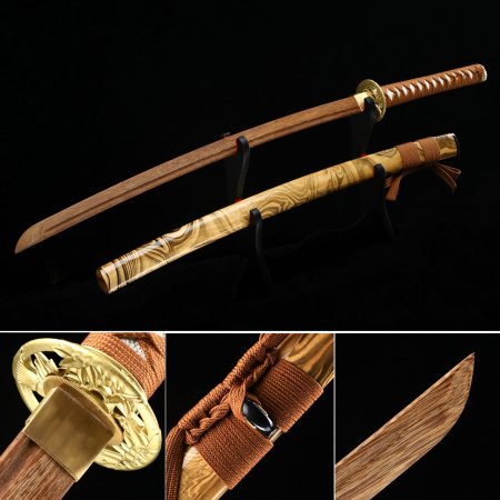 Handmade Japanese Wooden Unsharp Katana Sword With Brown Blade And Scabbard