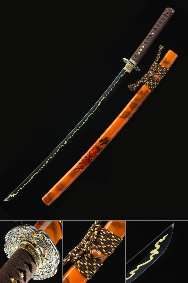 Ornate Scroll Tsuba T10 Carbon Steel Katana, Clay Tempered, Full Tang & Handmade