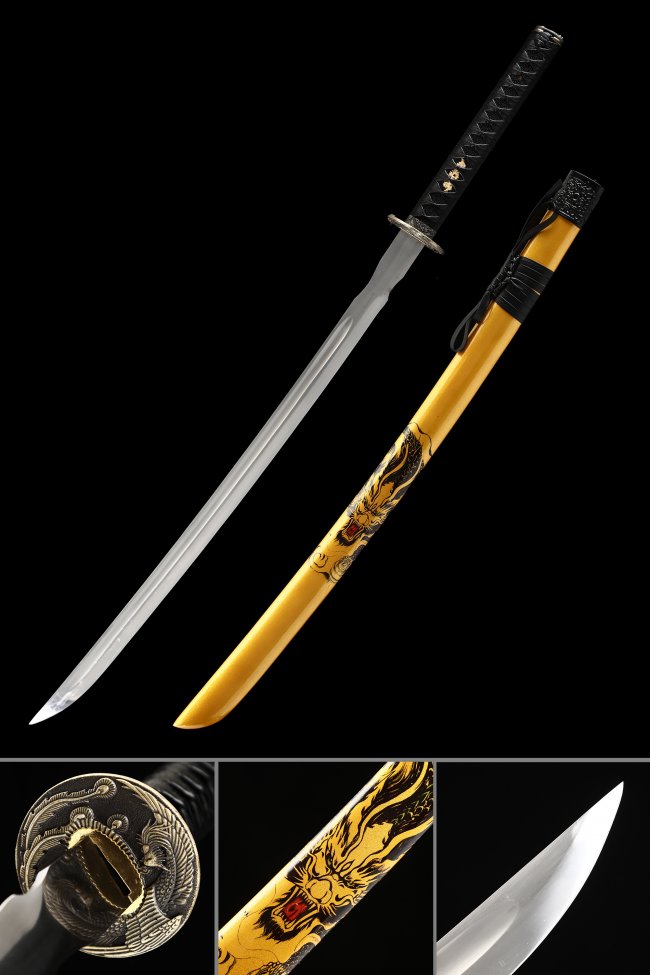 1095 Carbon Steel Katana with Gold Dragon Saya - Black Handle, Phoenix Tsuba
