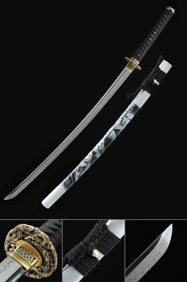 T10 Carbon Steel Katana with White Lacquer Saya, Gold Dragon Tsuba & Black Ito Wrap