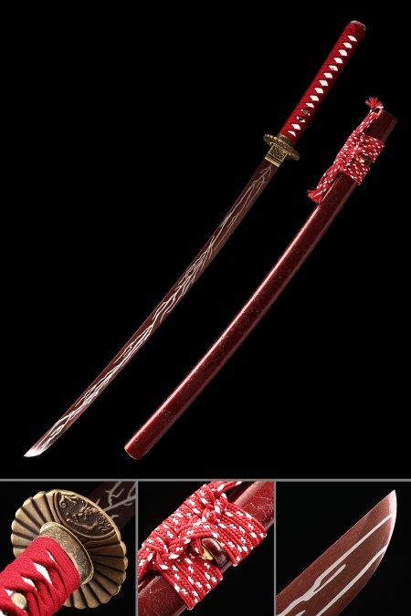 Crimson Red Blade Katana, Handmade Japanese Katana Sword High Manganese Steel With Red Scabbard
