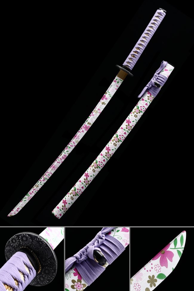 Flower Blade Aluminum Practice Katana - Unsharpened 41-Inch, Flower Tsuba, Purple Handle, Cosplay