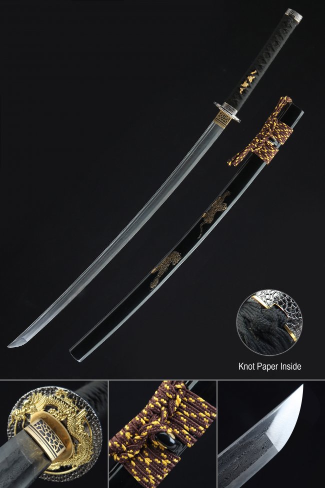 Damascus Steel Full Tang Katana with Dragon Tsuba - Black Saya & Brown-Gold Sageo