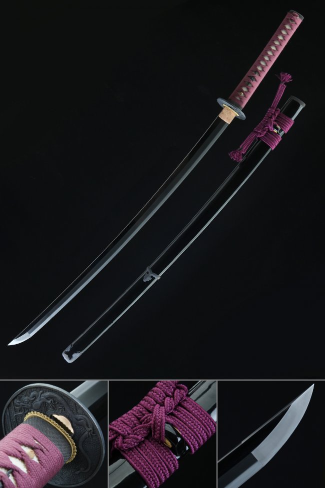 Tamahagane Steel Katana with Dragon Tsuba - Purple Ito, Black Lacquer Saya, Real Hamon