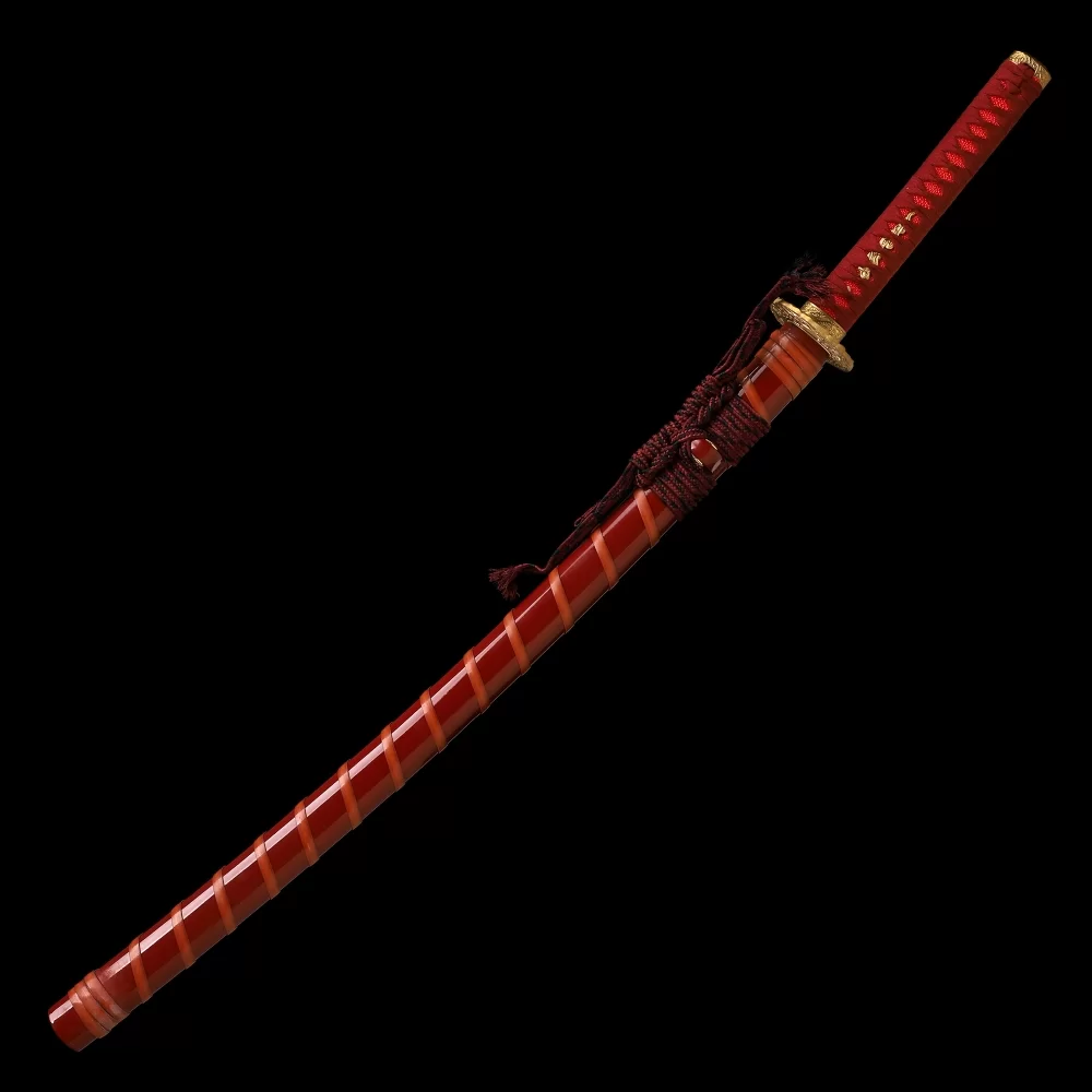 Red Katana | Folded Melaleuca Steel Katana with Gold Wave Tsuba