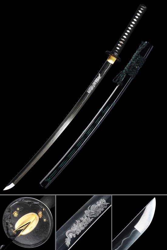 1090 Carbon Steel Katana Full Tang - Dragon Engraved Blade, Black Lacquer Saya with Teal Sageo