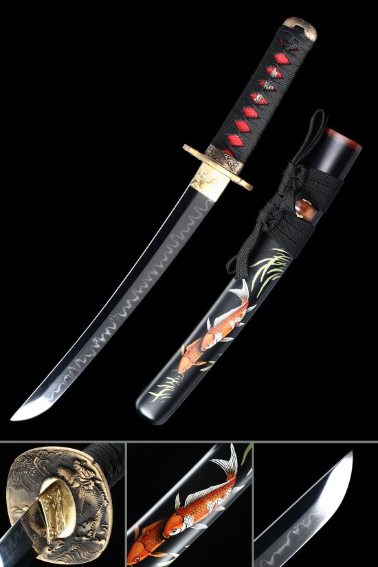T10 Carbon Steel Tanto with Koi-Painted Black Saya and Gold Koi Tsuba - Full Tang