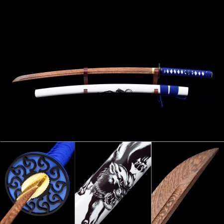 Handmade Brown Wooden Blunt Unsharpened Blade Katana Samurai Swords With White Scabbard