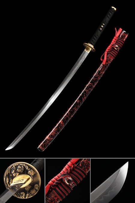 Handmade Japanese Sword T10 Folded Clay Tempered Steel Full Tang With Black And Red Scabbard