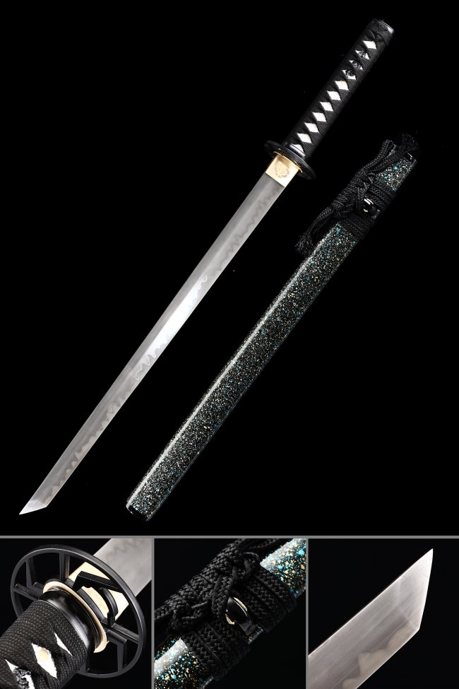 T10 Carbon Steel Ninjato with Real Hamon in Black-Teal Glitter Lacquer Saya - Full Tang Ninja Sword Replica