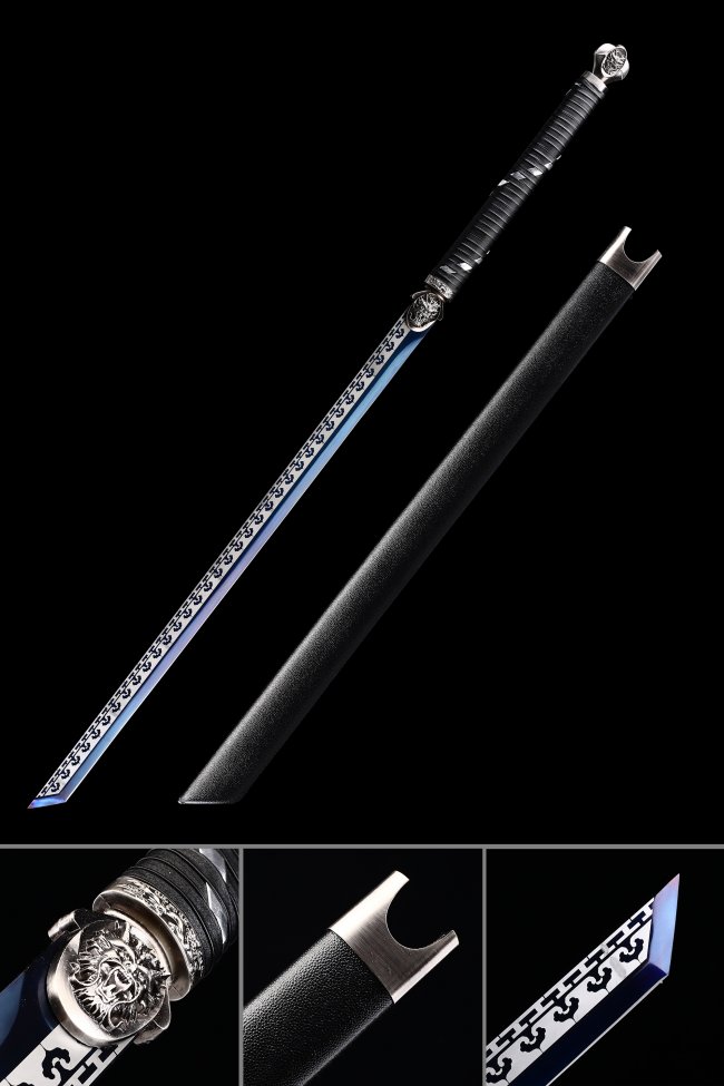 Manganese Steel Ninjato with Blue Blade, Lion Tsuba & Black PU Leather Saya