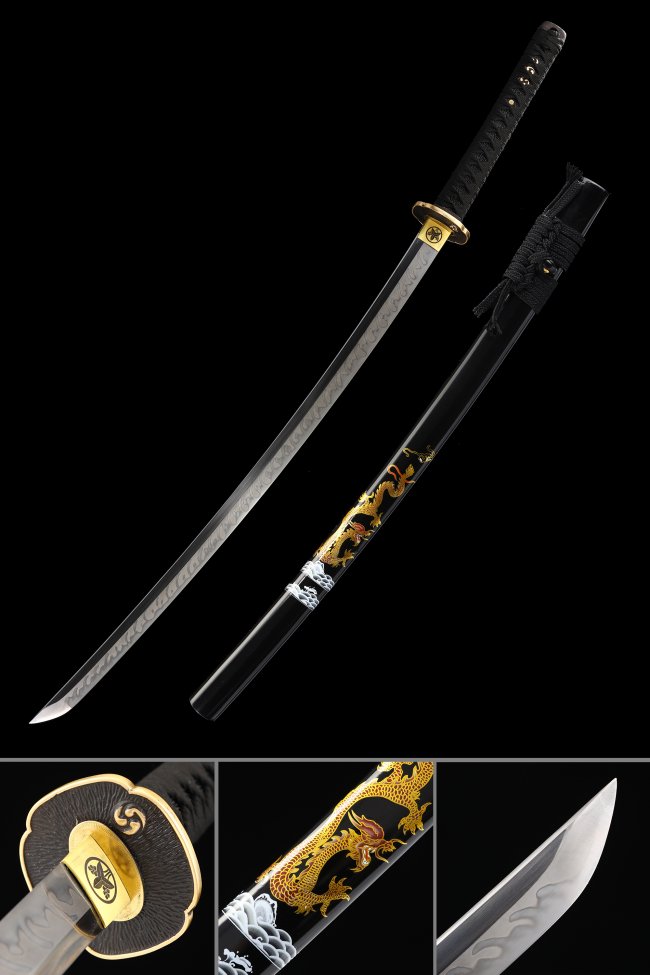 T10 Folded Steel Katana with Real Hamon in Black - Gold Dragon Saya, Gold Tsuba