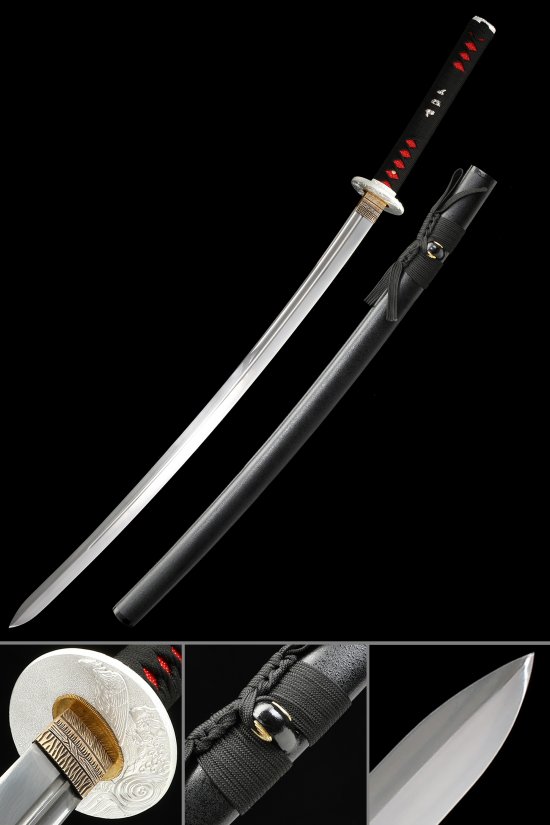 1095 Carbon Steel Full Tang Katana - Black Lacquer Saya, Dragon Tsuba, Black-Red Ito