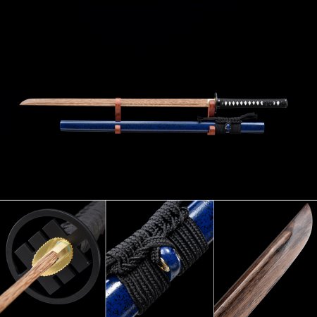 Handmade Natural Wooden Straight Blade Unsharpened Chokuto Ninjato Ninja Swords With Blue Scabbard